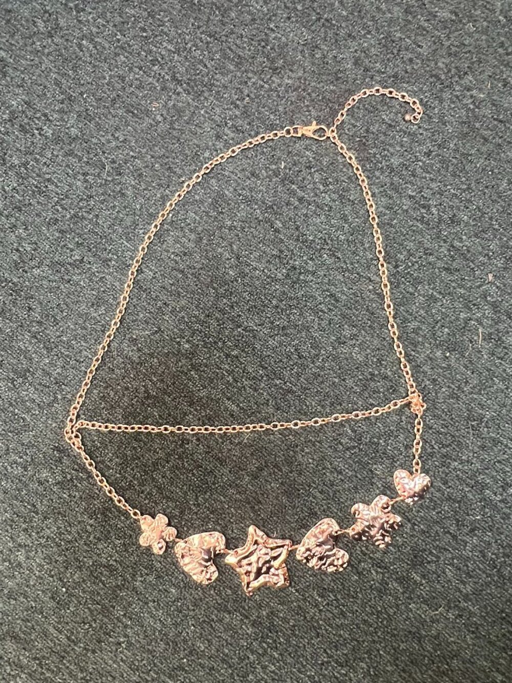 Vintage Gold Tone Hammered Heart Star Flower Double Layer Charm chain belt 36"